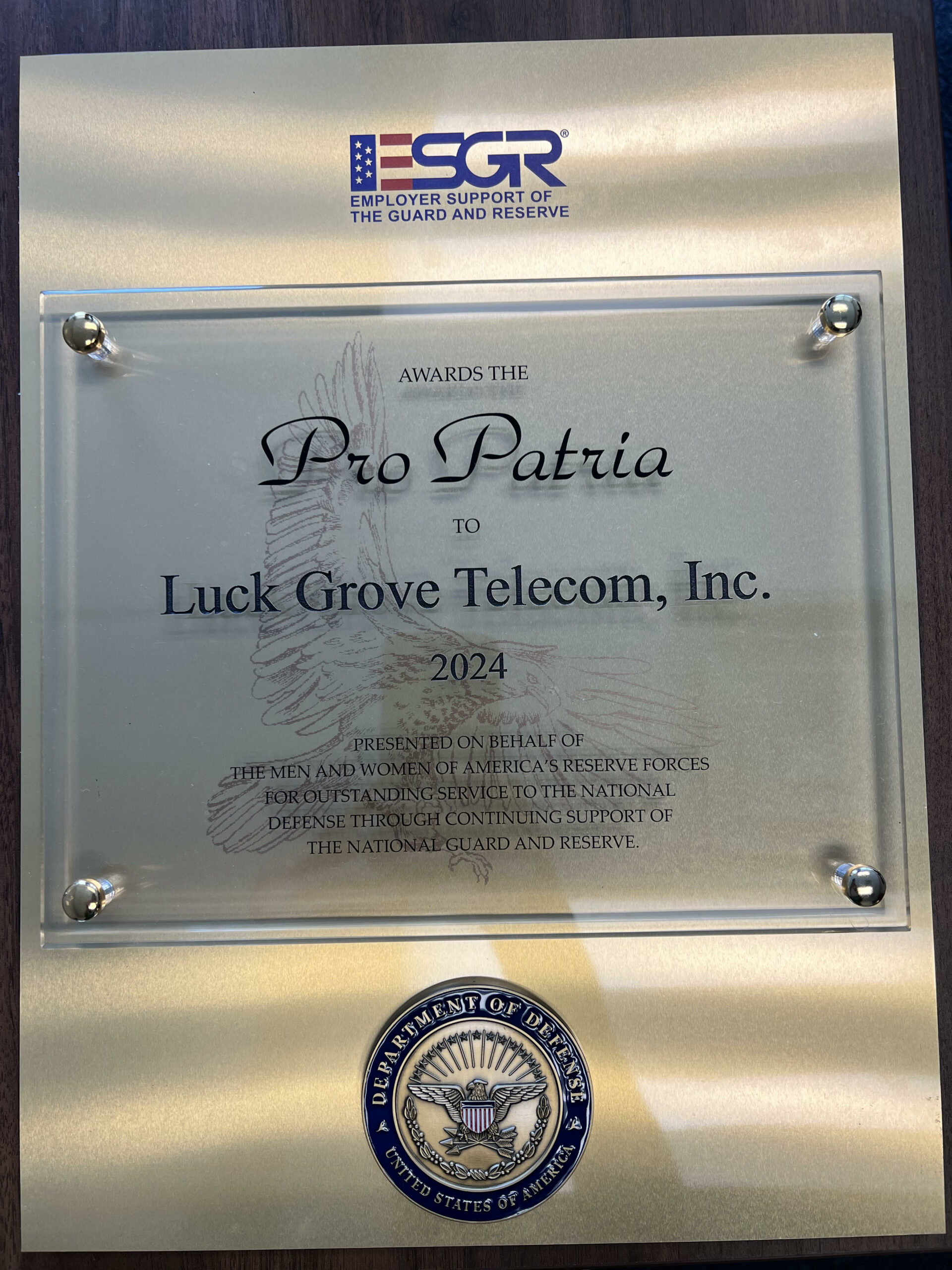 Luck Grove Awarded Pro Patria by ESGR for Exceptional Support of Military Employees